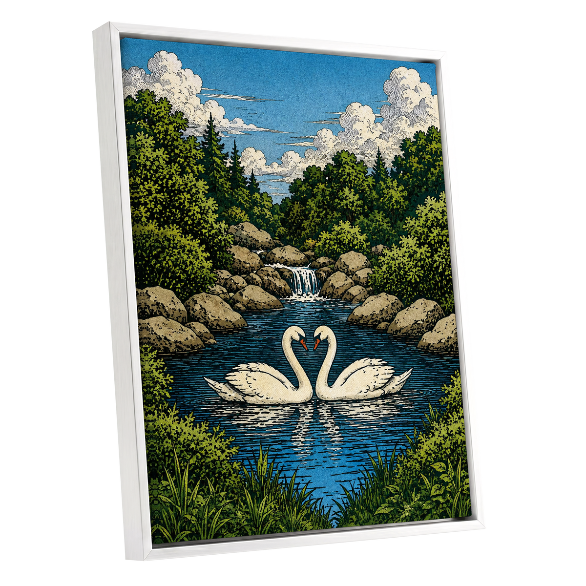 Swanwater Sanctuary, blue, green, beige nature wall art shown as a white framed canvas wall art
