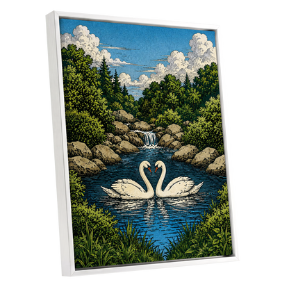 Swanwater Sanctuary, blue, green, beige nature wall art shown as a white framed canvas wall art