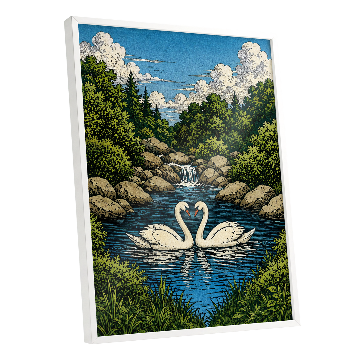 Swanwater Sanctuary, blue, green, beige nature wall art shown as a white framed poster wall art print