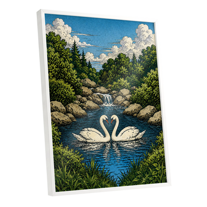 Swanwater Sanctuary, blue, green, beige nature wall art shown as a white framed poster wall art print
