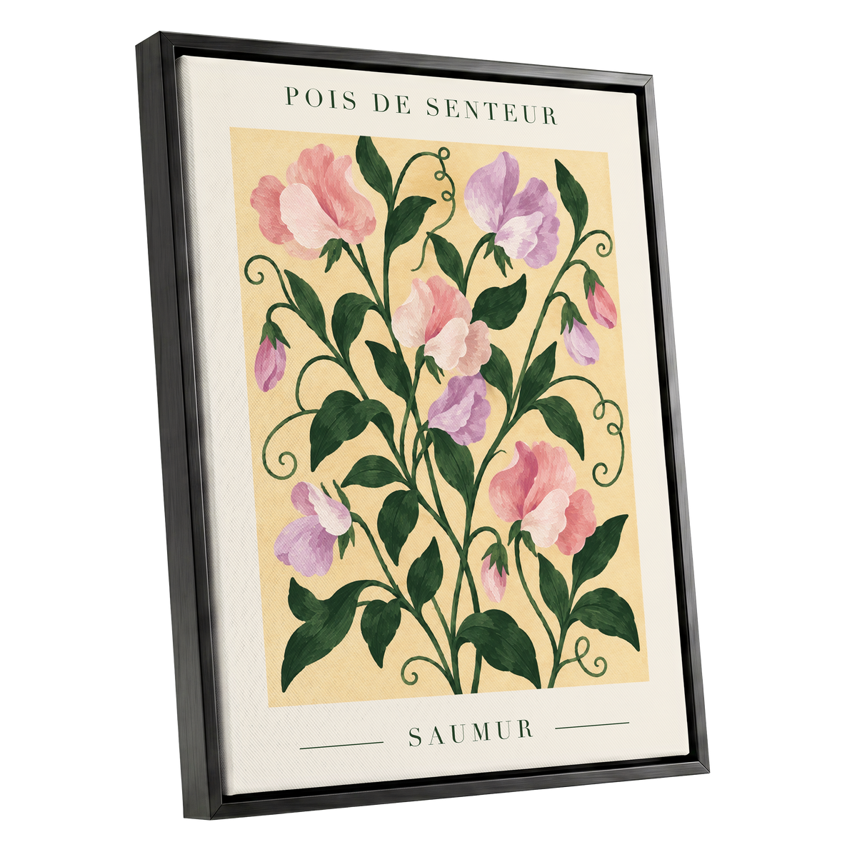 Sweet Pea Reverie, green, pink, purple floral wall art shown as a black framed canvas wall art