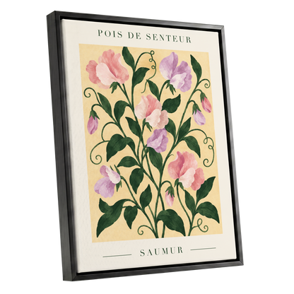 Sweet Pea Reverie, green, pink, purple floral wall art shown as a black framed canvas wall art