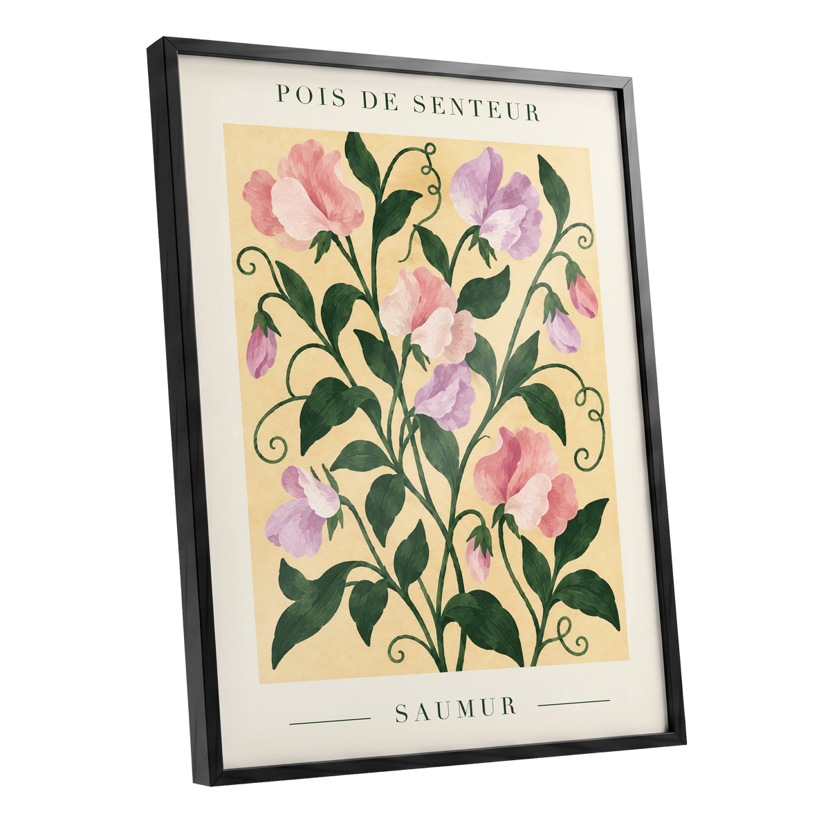 Sweet Pea Reverie, green, pink, purple floral wall art shown as a black framed poster wall art print