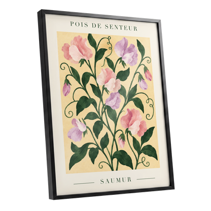 Sweet Pea Reverie, green, pink, purple floral wall art shown as a black framed poster wall art print