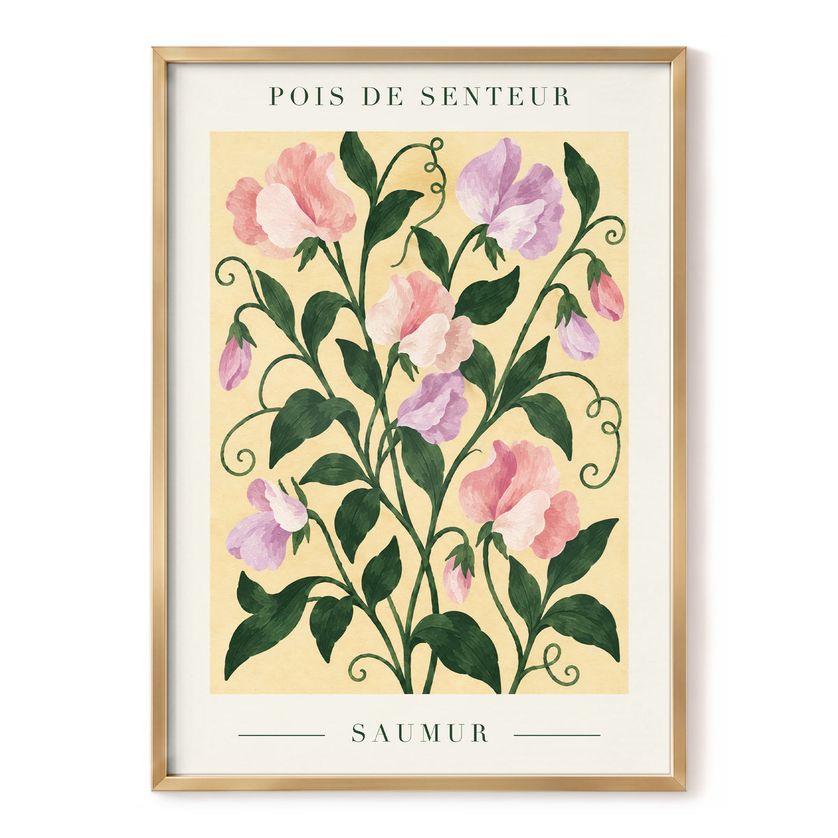 Sweet Pea Reverie, green, pink, purple floral wall art, front artwork view