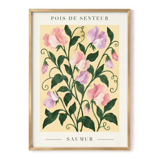 Sweet Pea Reverie, green, pink, purple floral wall art, front artwork view