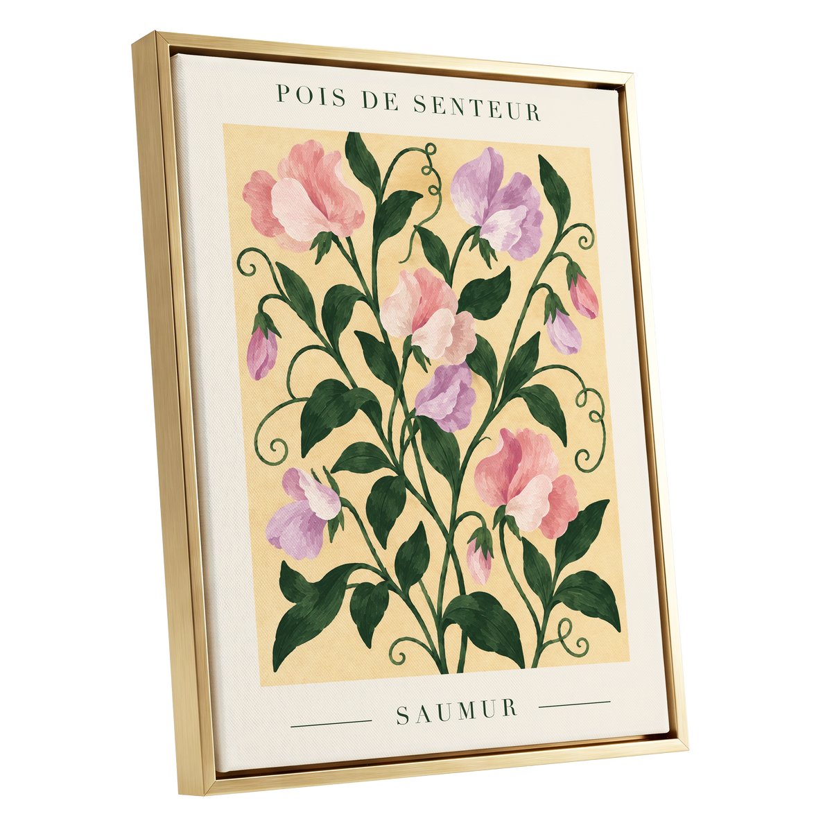 Sweet Pea Reverie, green, pink, purple floral wall art shown as a gold framed canvas wall art