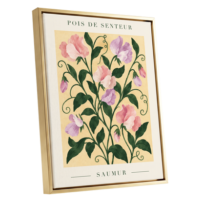 Sweet Pea Reverie, green, pink, purple floral wall art shown as a gold framed canvas wall art