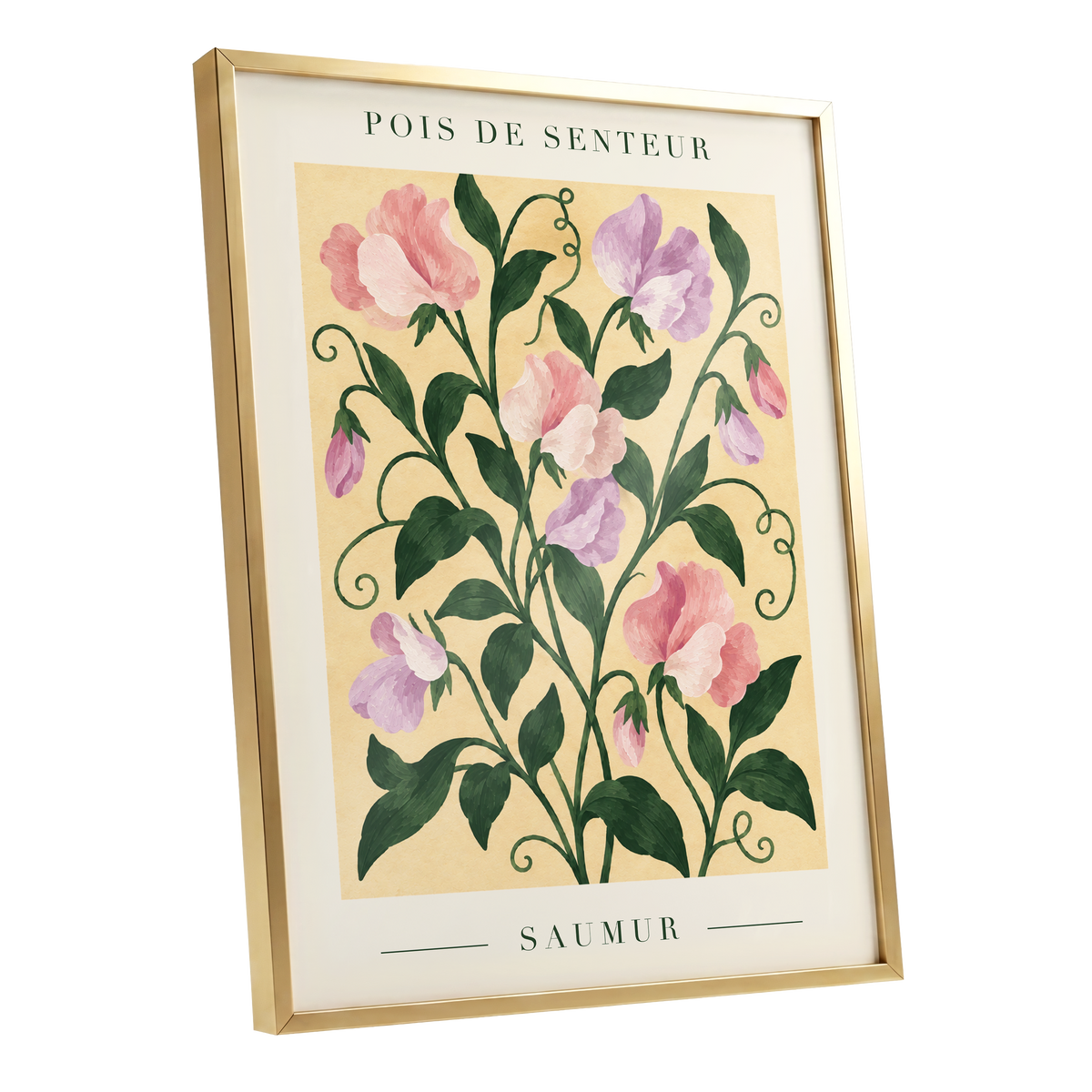 Sweet Pea Reverie, green, pink, purple floral wall art shown as a gold framed poster wall art print