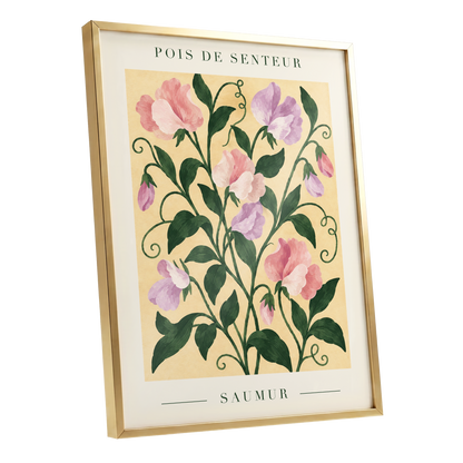 Sweet Pea Reverie, green, pink, purple floral wall art shown as a gold framed poster wall art print