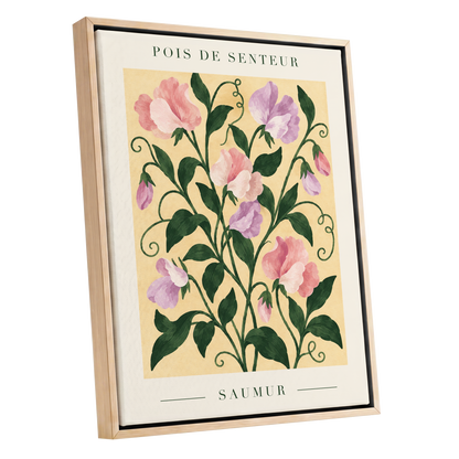 Sweet Pea Reverie, green, pink, purple floral wall art shown as a oak framed canvas wall art