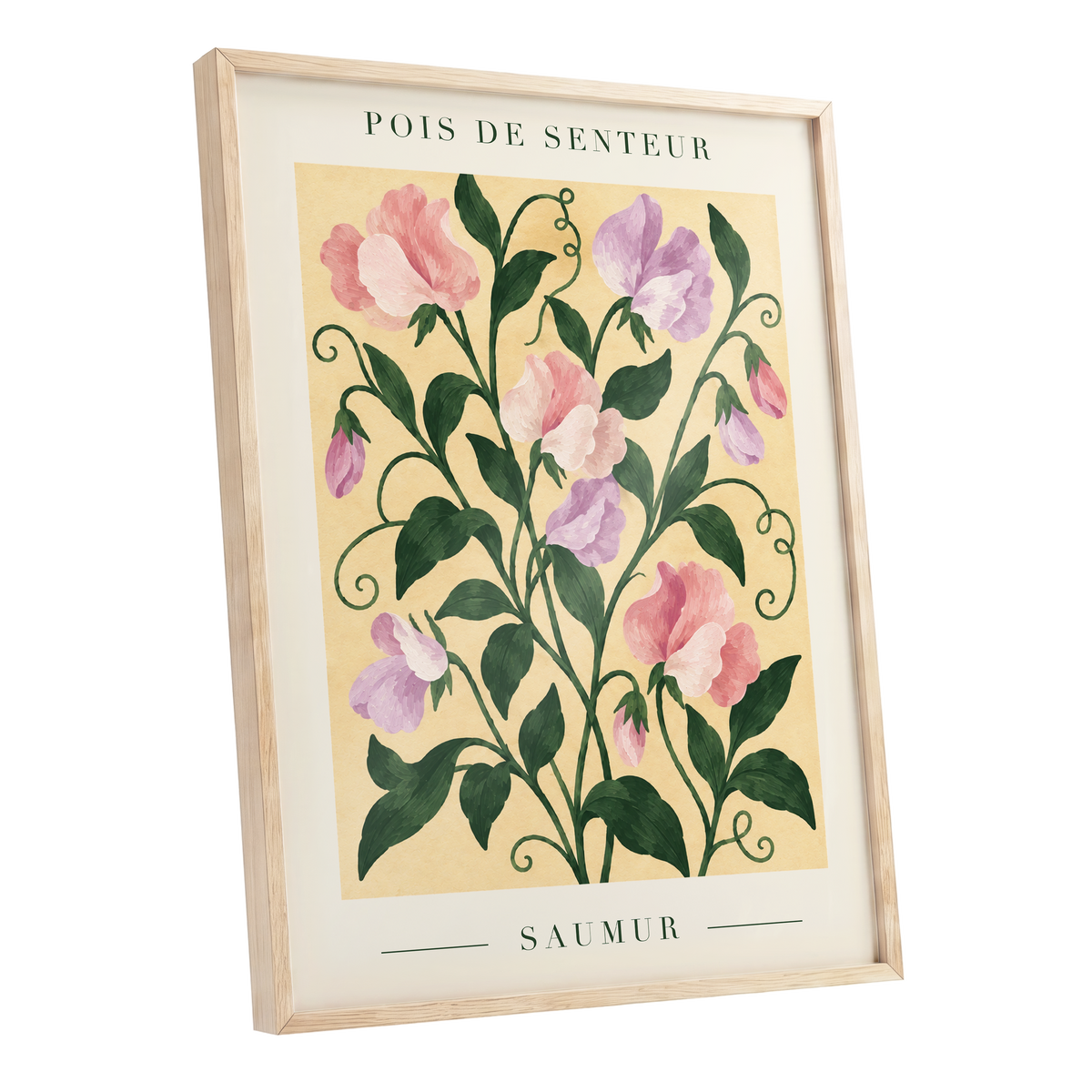 Sweet Pea Reverie, green, pink, purple floral wall art shown as a oak framed poster wall art print