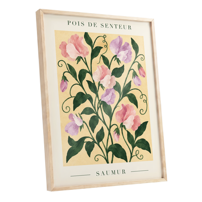 Sweet Pea Reverie, green, pink, purple floral wall art shown as a oak framed poster wall art print