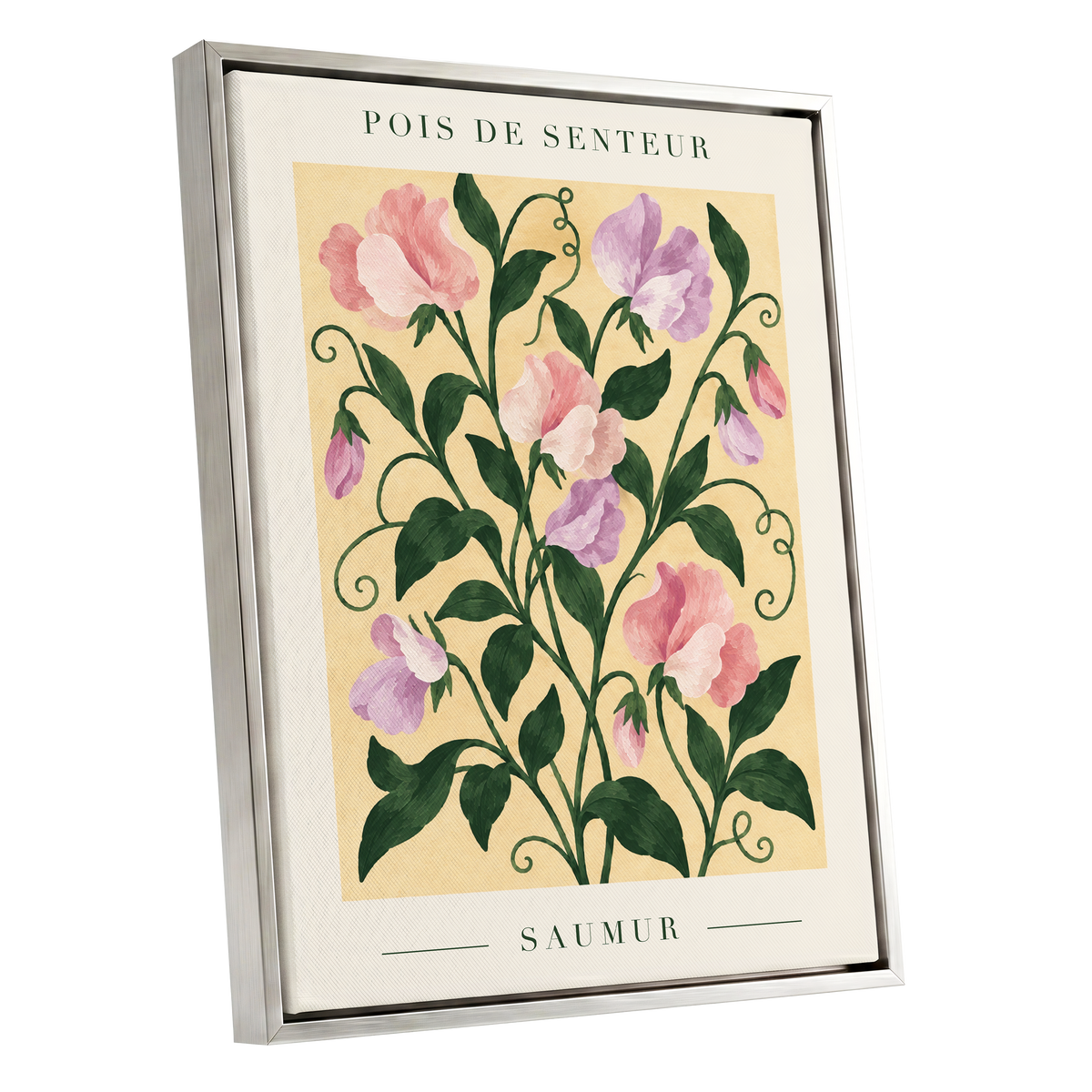 Sweet Pea Reverie, green, pink, purple floral wall art shown as a silver framed canvas wall art