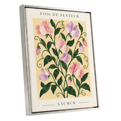 Sweet Pea Reverie, green, pink, purple floral wall art shown as a silver framed canvas wall art