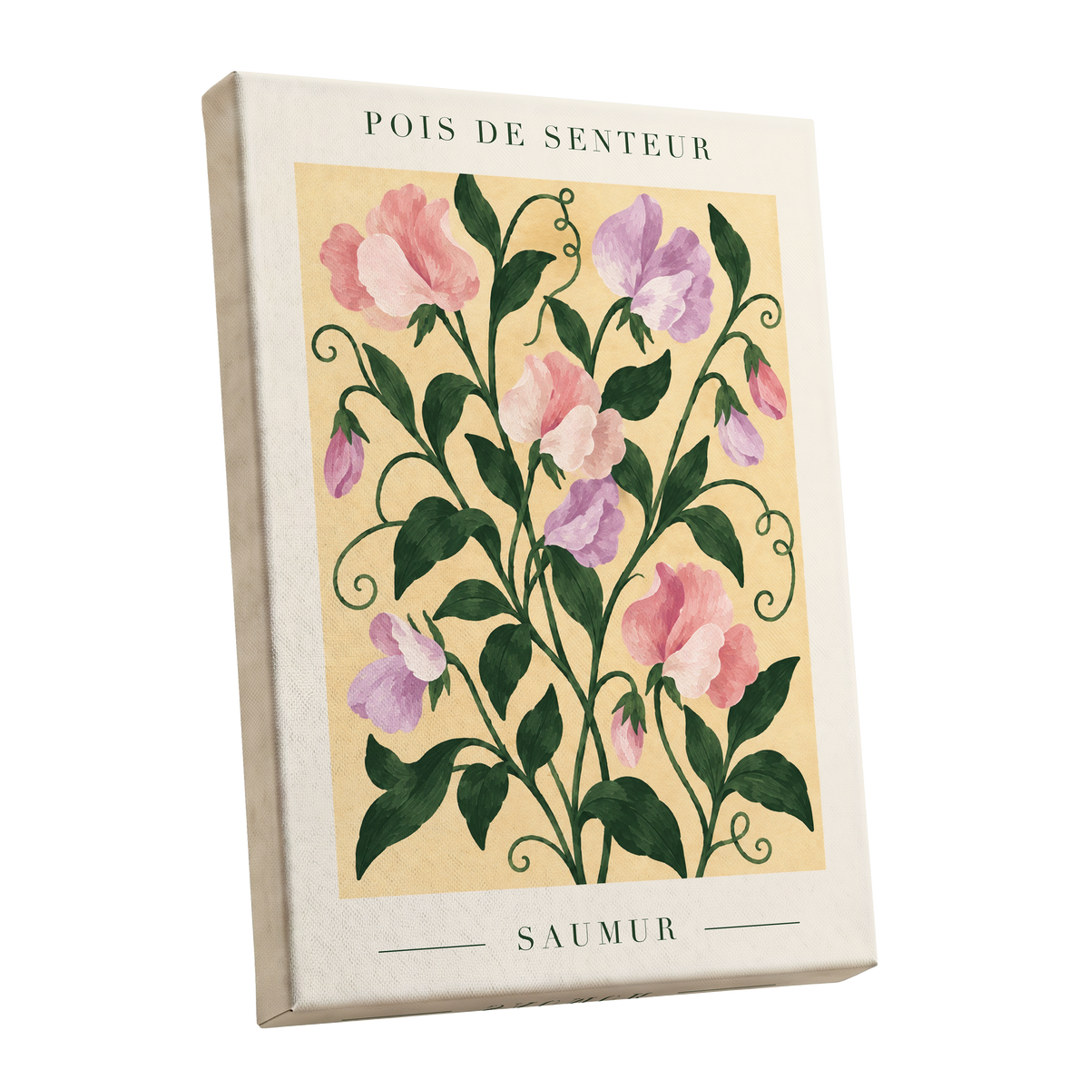 Sweet Pea Reverie, green, pink, purple floral wall art shown as a stretched canvas wall art