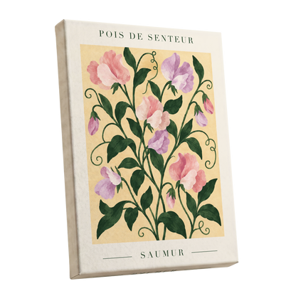 Sweet Pea Reverie, green, pink, purple floral wall art shown as a stretched canvas wall art