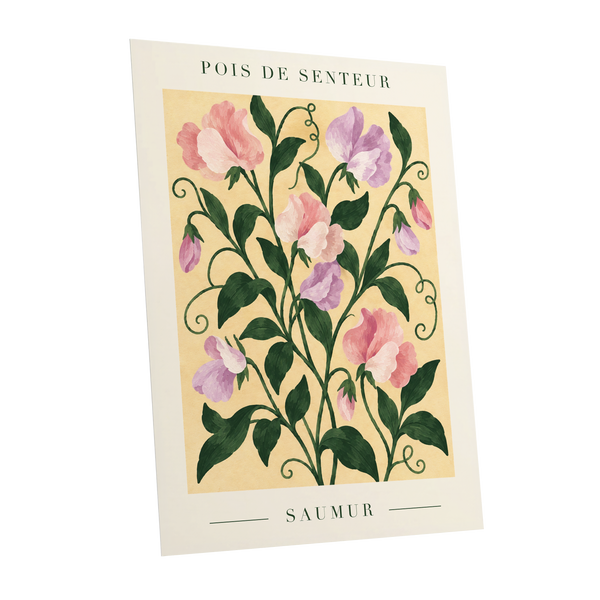 Sweet Pea Reverie, green, pink, purple floral wall art shown as a unframed poster wall art print
