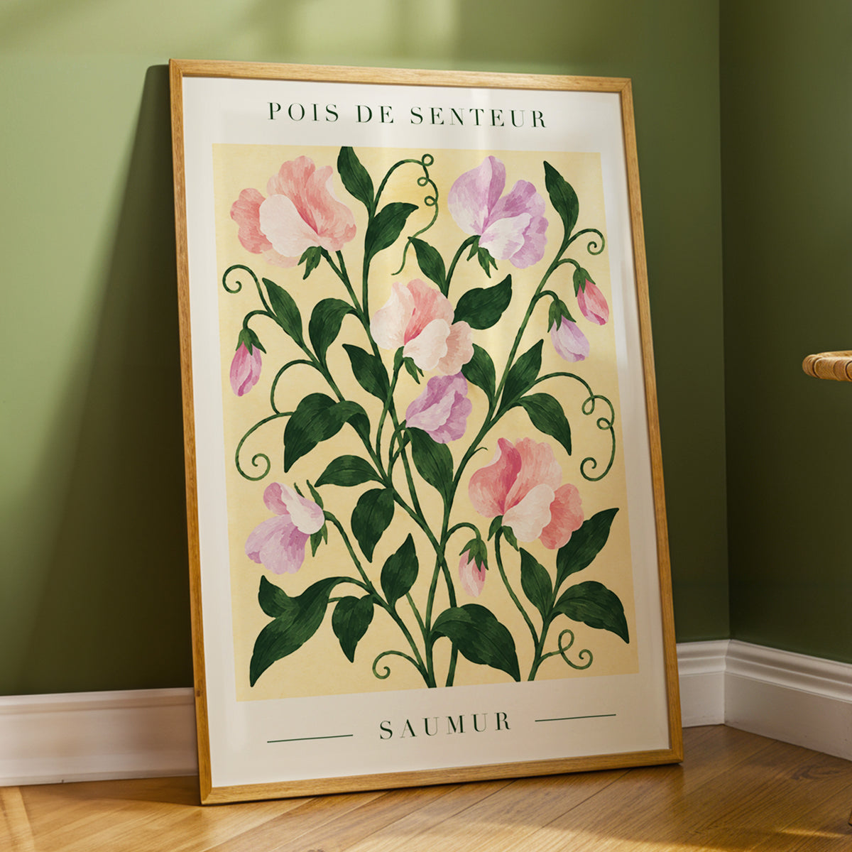 Sweet Pea Reverie, green, pink, purple floral wall art displayed in a styled interior, gallery view 2