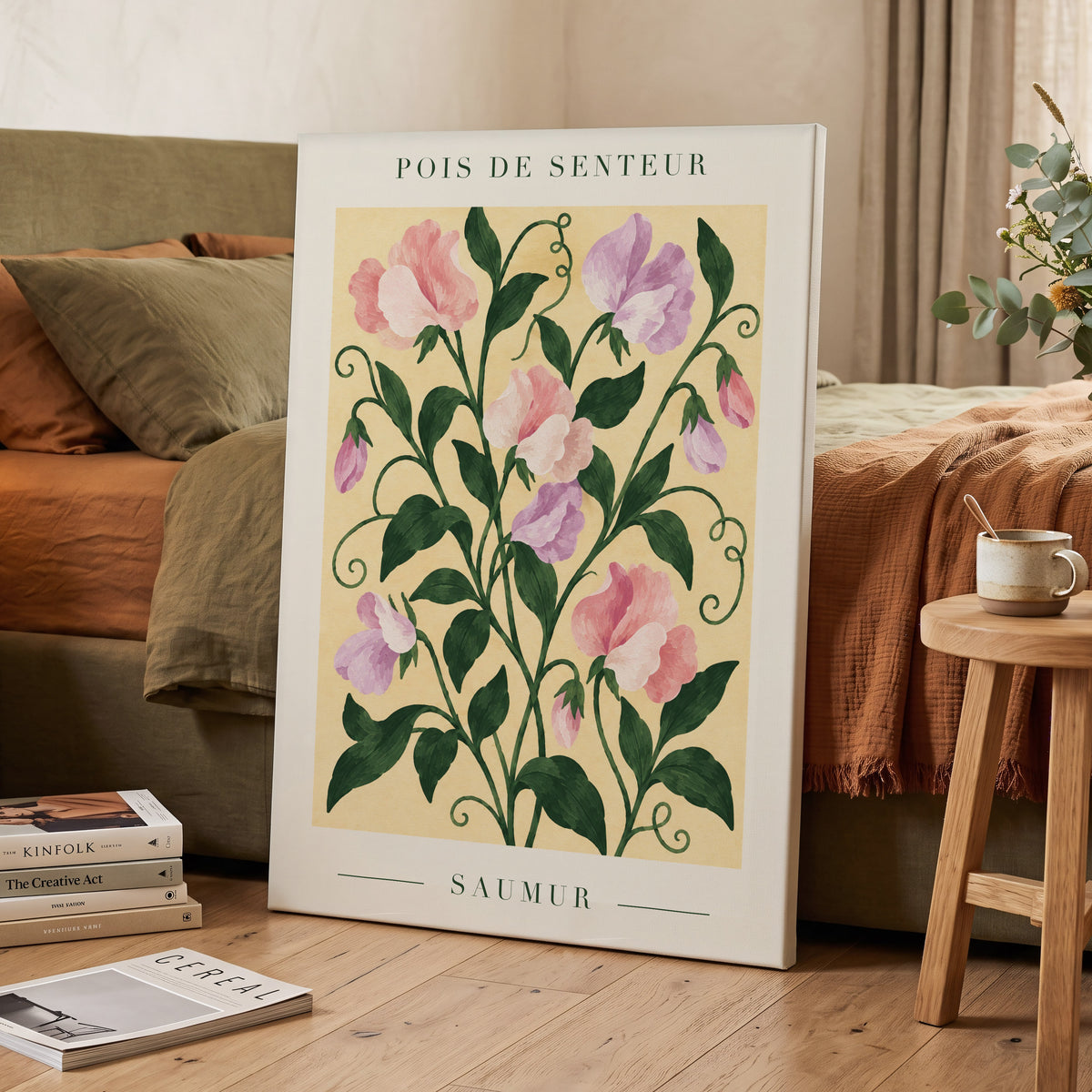 Sweet Pea Reverie, green, pink, purple floral wall art displayed in a styled interior, gallery view 3