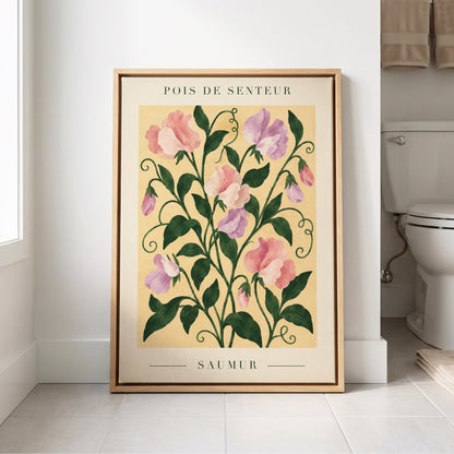 Sweet Pea Reverie, green, pink, purple floral wall art displayed in a styled interior, gallery view 4