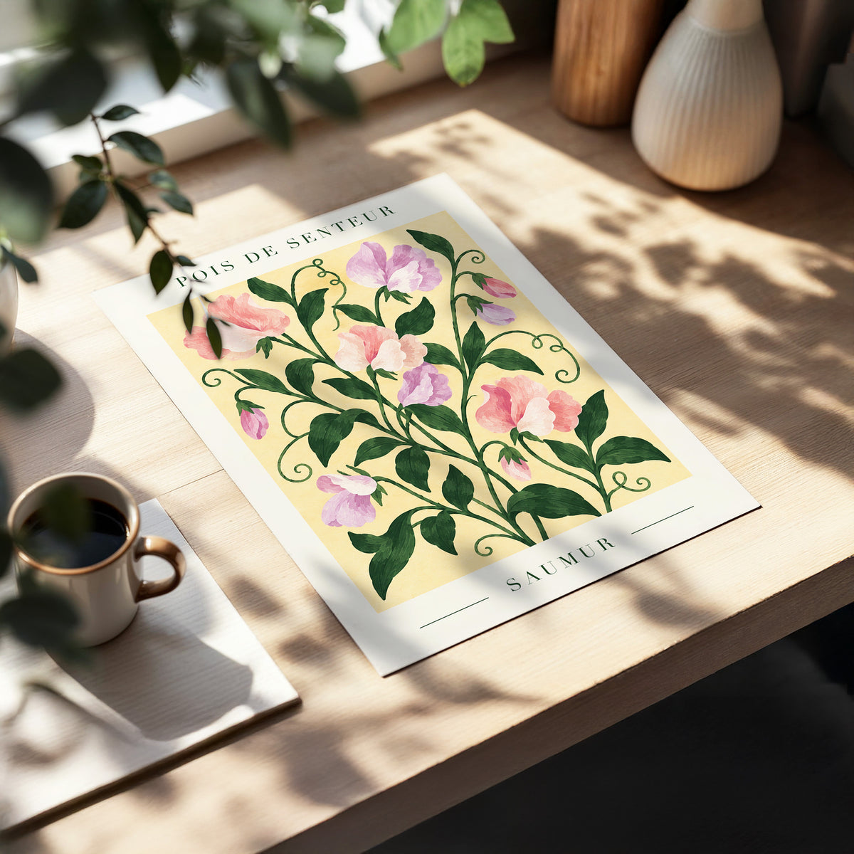 Sweet Pea Reverie, green, pink, purple floral wall art displayed in a styled interior, gallery view 5