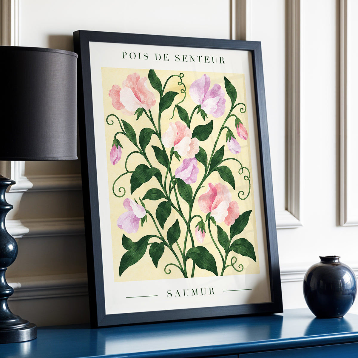 Sweet Pea Reverie, green, pink, purple floral wall art displayed in a styled interior, gallery view 6