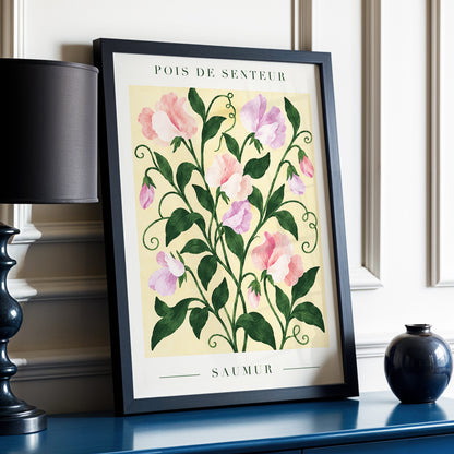 Sweet Pea Reverie, green, pink, purple floral wall art displayed in a styled interior, gallery view 6