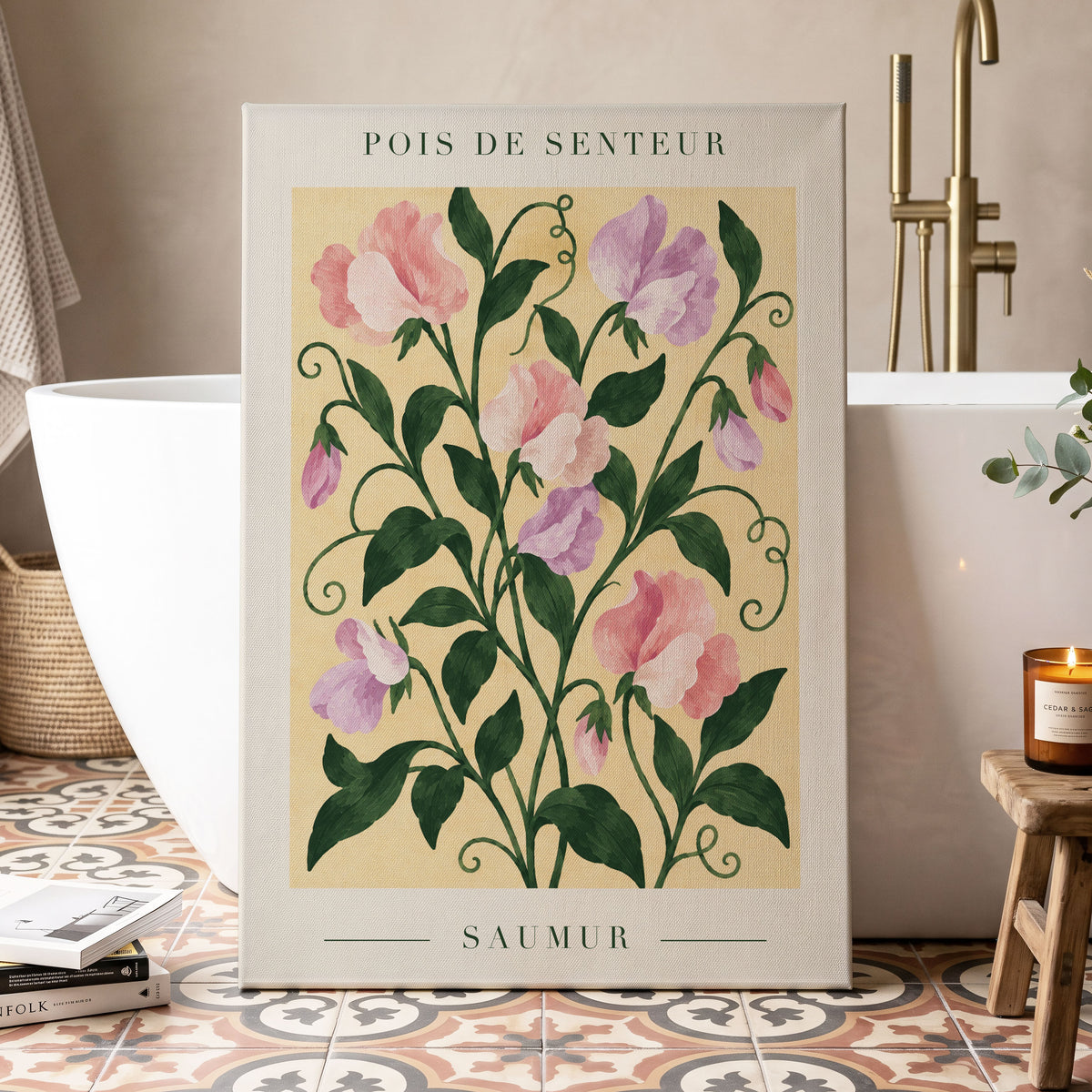 Sweet Pea Reverie, green, pink, purple floral wall art displayed in a styled interior, gallery view 7