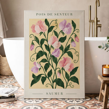 Sweet Pea Reverie, green, pink, purple floral wall art displayed in a styled interior, gallery view 7