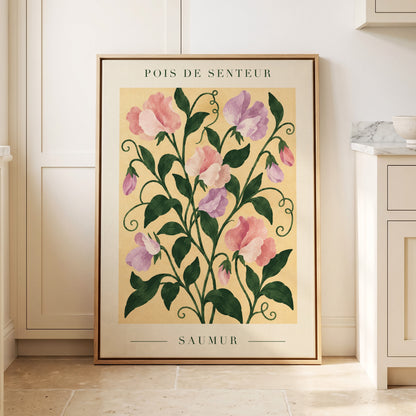 Sweet Pea Reverie, green, pink, purple floral wall art displayed in a styled interior, gallery view 8