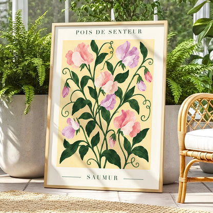 Sweet Pea Reverie, green, pink, purple floral wall art displayed in a styled interior, gallery view 9