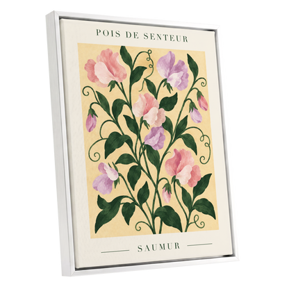 Sweet Pea Reverie, green, pink, purple floral wall art shown as a white framed canvas wall art