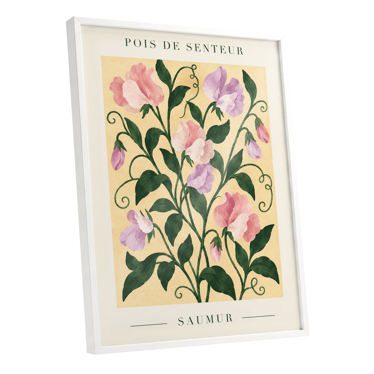 Sweet Pea Reverie, green, pink, purple floral wall art shown as a white framed poster wall art print