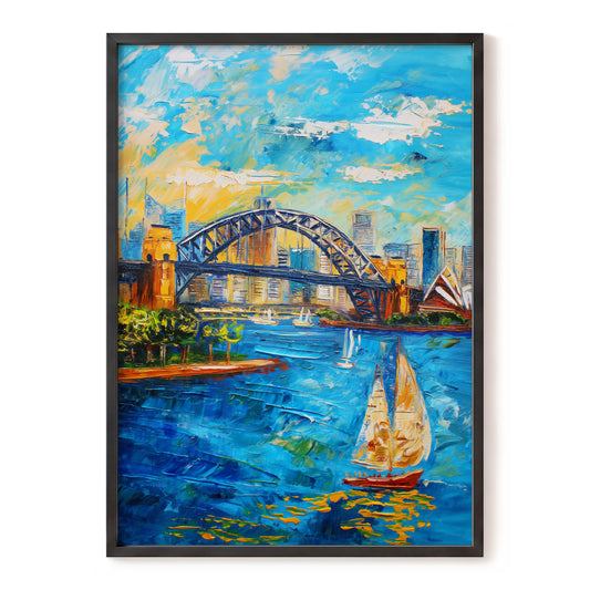 Sydney in Full Sail, blue, gold, white abstract wall art, front artwork view