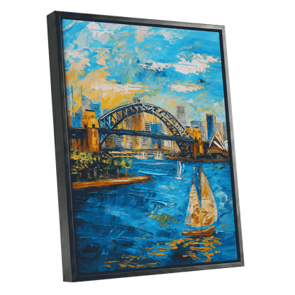 Sydney in Full Sail, blue, gold, white abstract wall art shown as a black framed canvas wall art