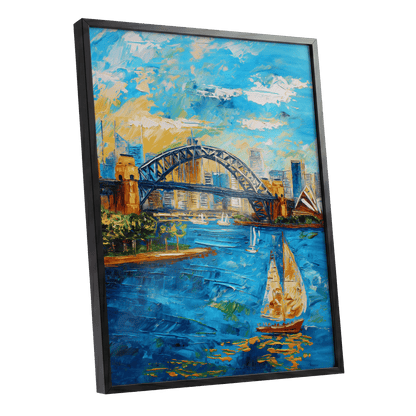 Sydney in Full Sail, blue, gold, white abstract wall art shown as a black framed poster wall art print