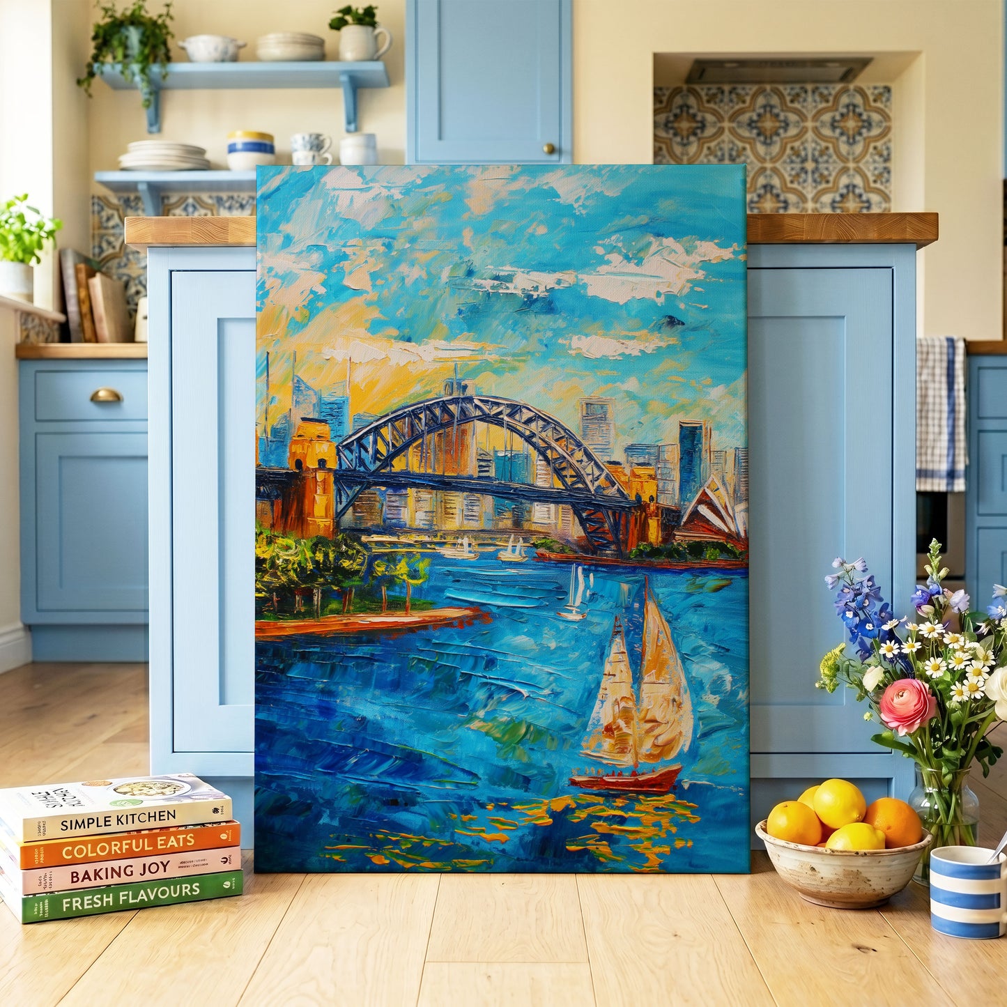 Sydney in Full Sail, blue, gold, white abstract wall art on canvas displayed in a styled interior, gallery view 1