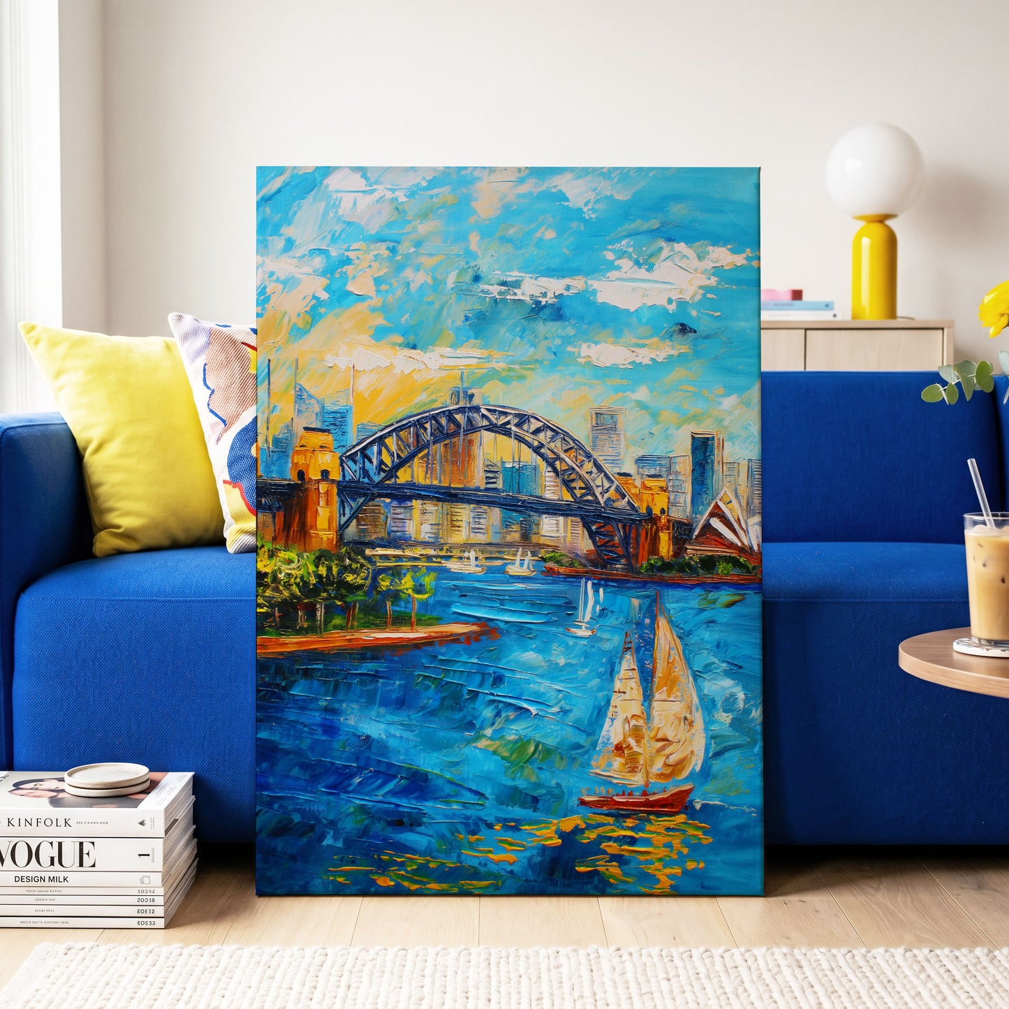Sydney in Full Sail, blue, gold, white abstract wall art on canvas displayed in a styled interior, gallery view 2