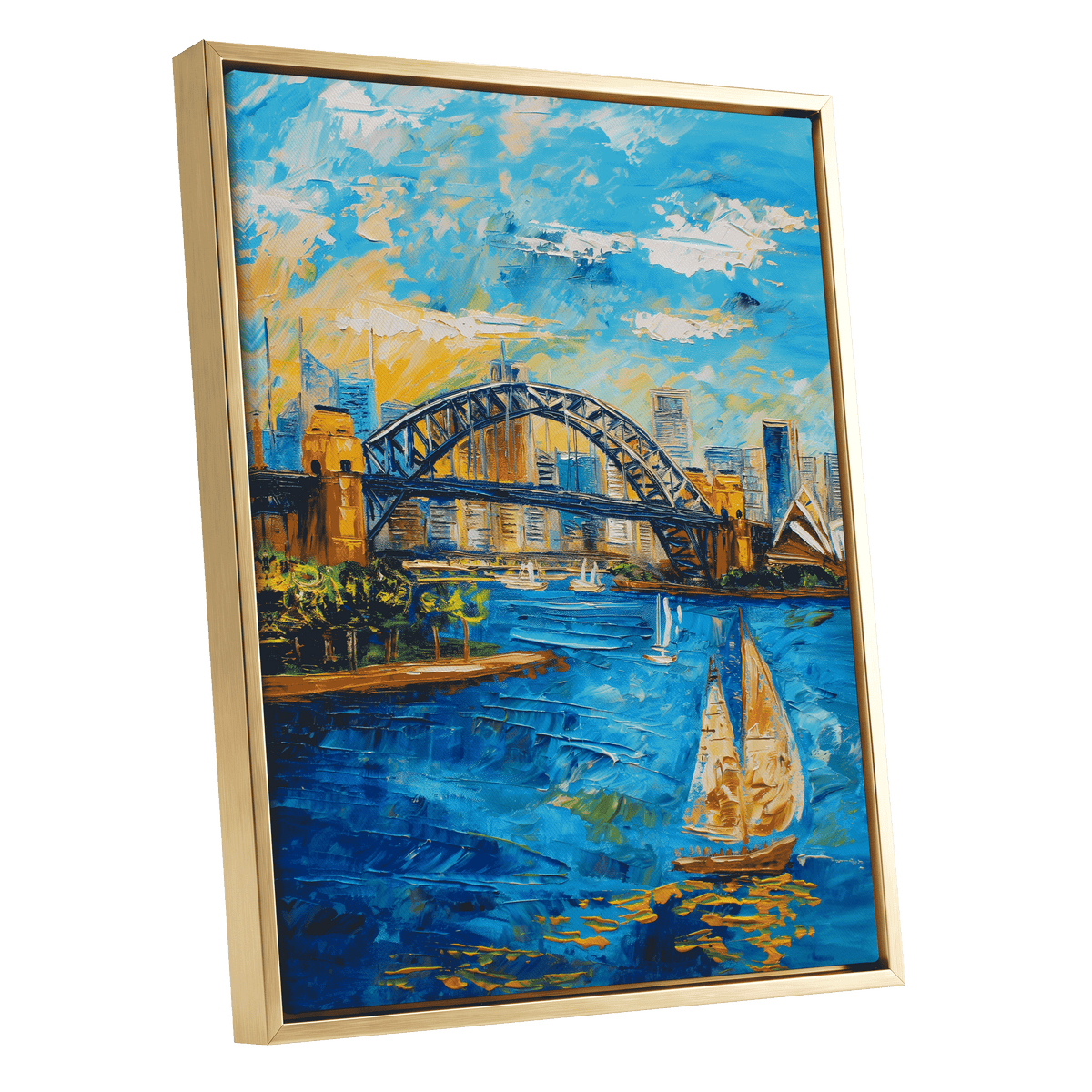 Sydney in Full Sail, blue, gold, white abstract wall art shown as a gold framed canvas wall art