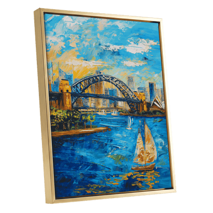 Sydney in Full Sail, blue, gold, white abstract wall art shown as a gold framed canvas wall art