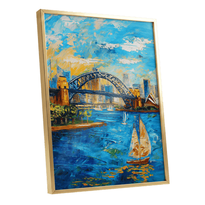Sydney in Full Sail, blue, gold, white abstract wall art shown as a gold framed poster wall art print