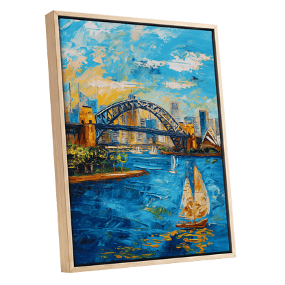Sydney in Full Sail, blue, gold, white abstract wall art shown as a oak framed canvas wall art