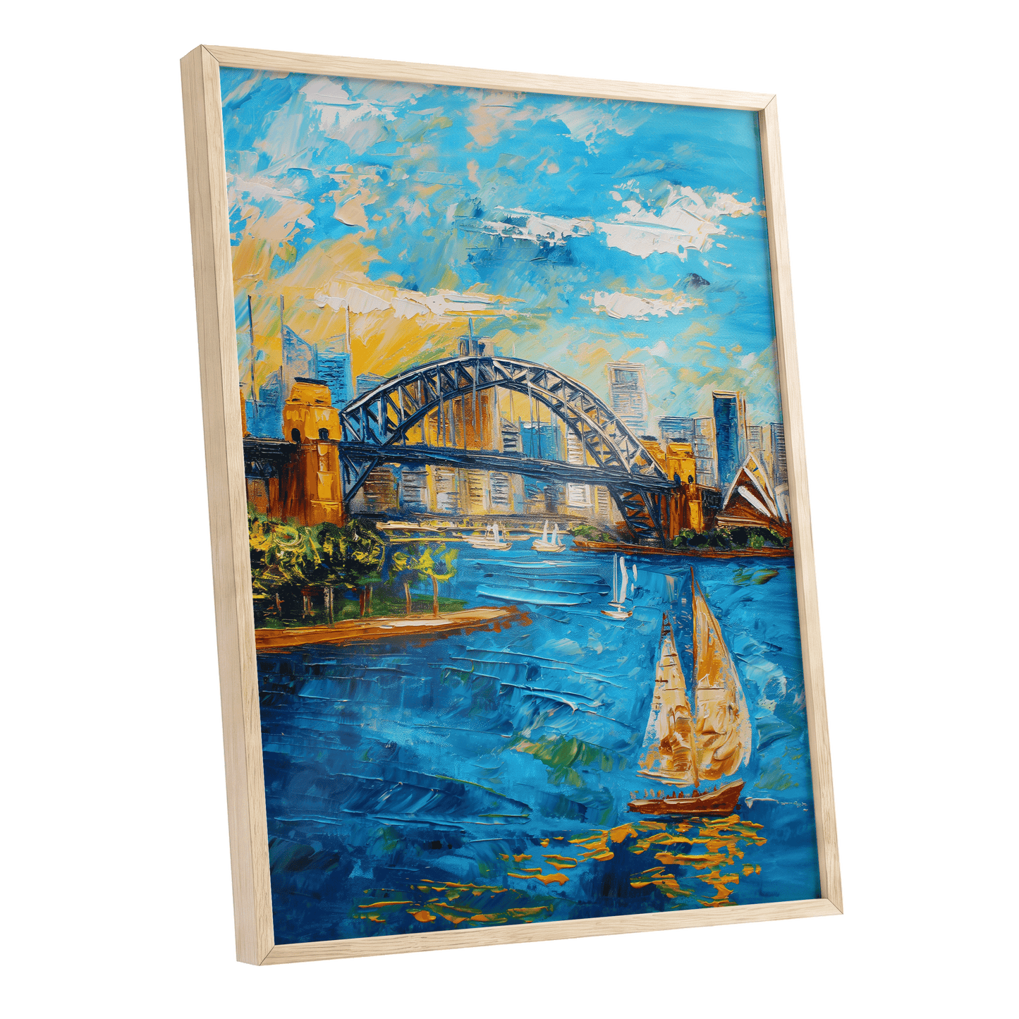 Sydney in Full Sail, blue, gold, white abstract wall art shown as a oak framed poster wall art print