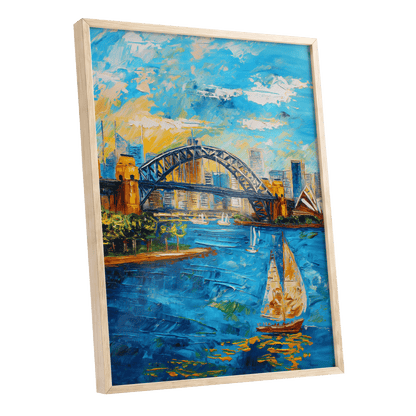 Sydney in Full Sail, blue, gold, white abstract wall art shown as a oak framed poster wall art print