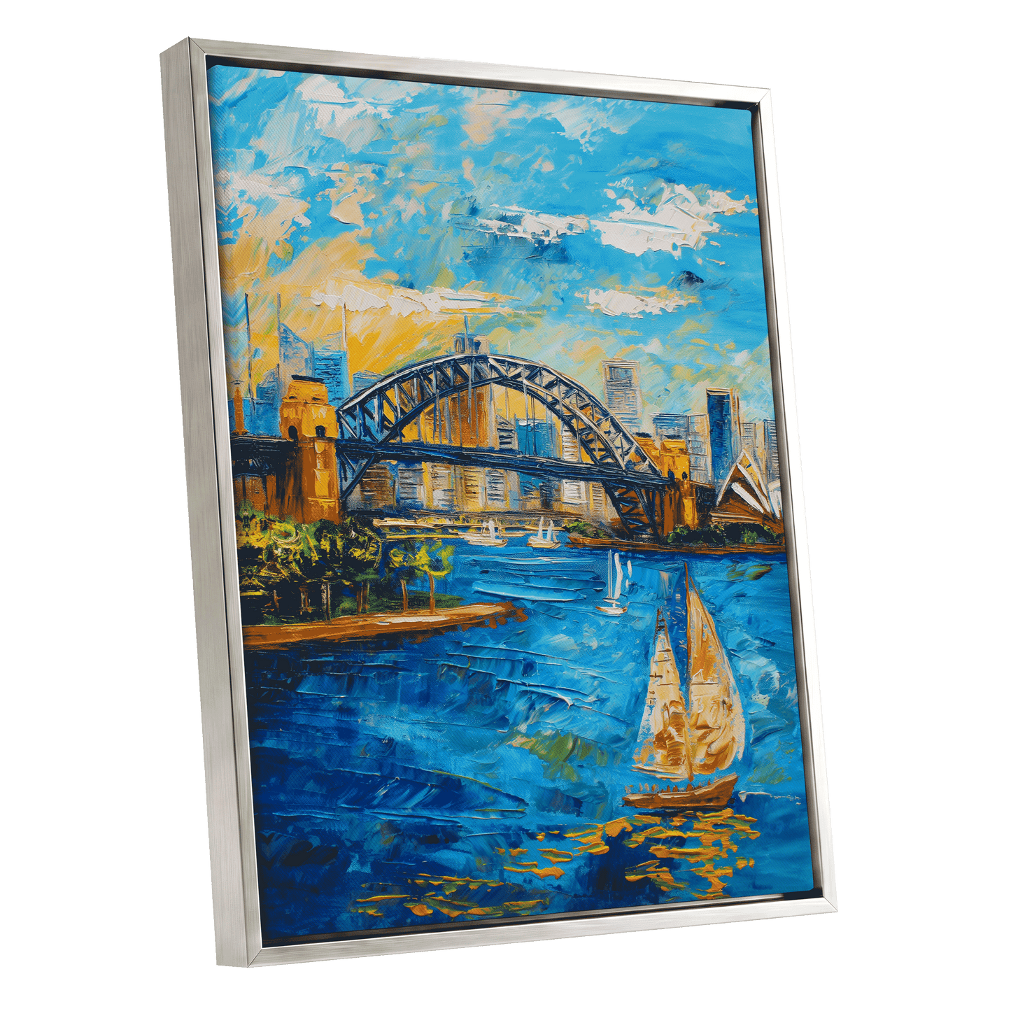 Sydney in Full Sail, blue, gold, white abstract wall art shown as a silver framed canvas wall art
