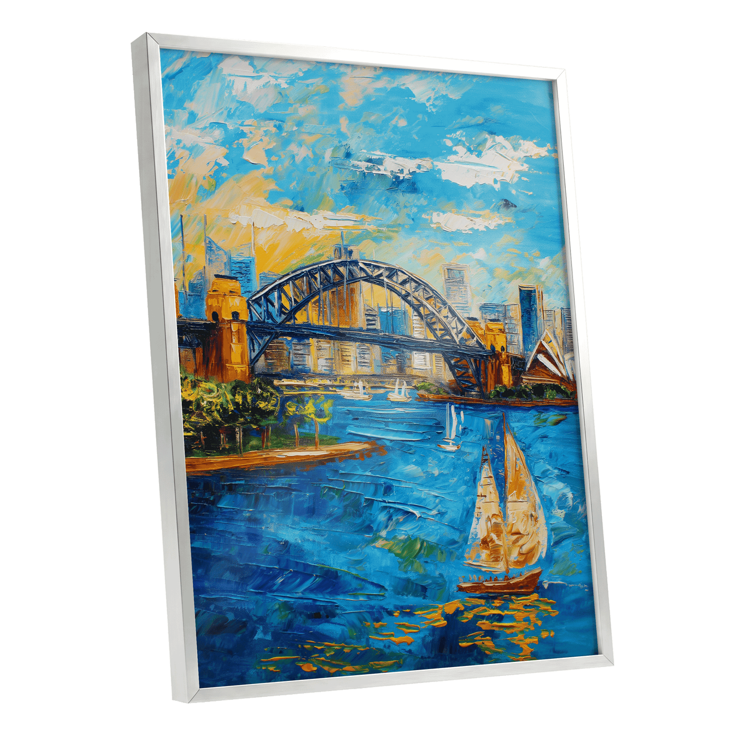 Sydney in Full Sail, blue, gold, white abstract wall art shown as a silver framed poster wall art print