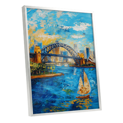 Sydney in Full Sail, blue, gold, white abstract wall art shown as a silver framed poster wall art print