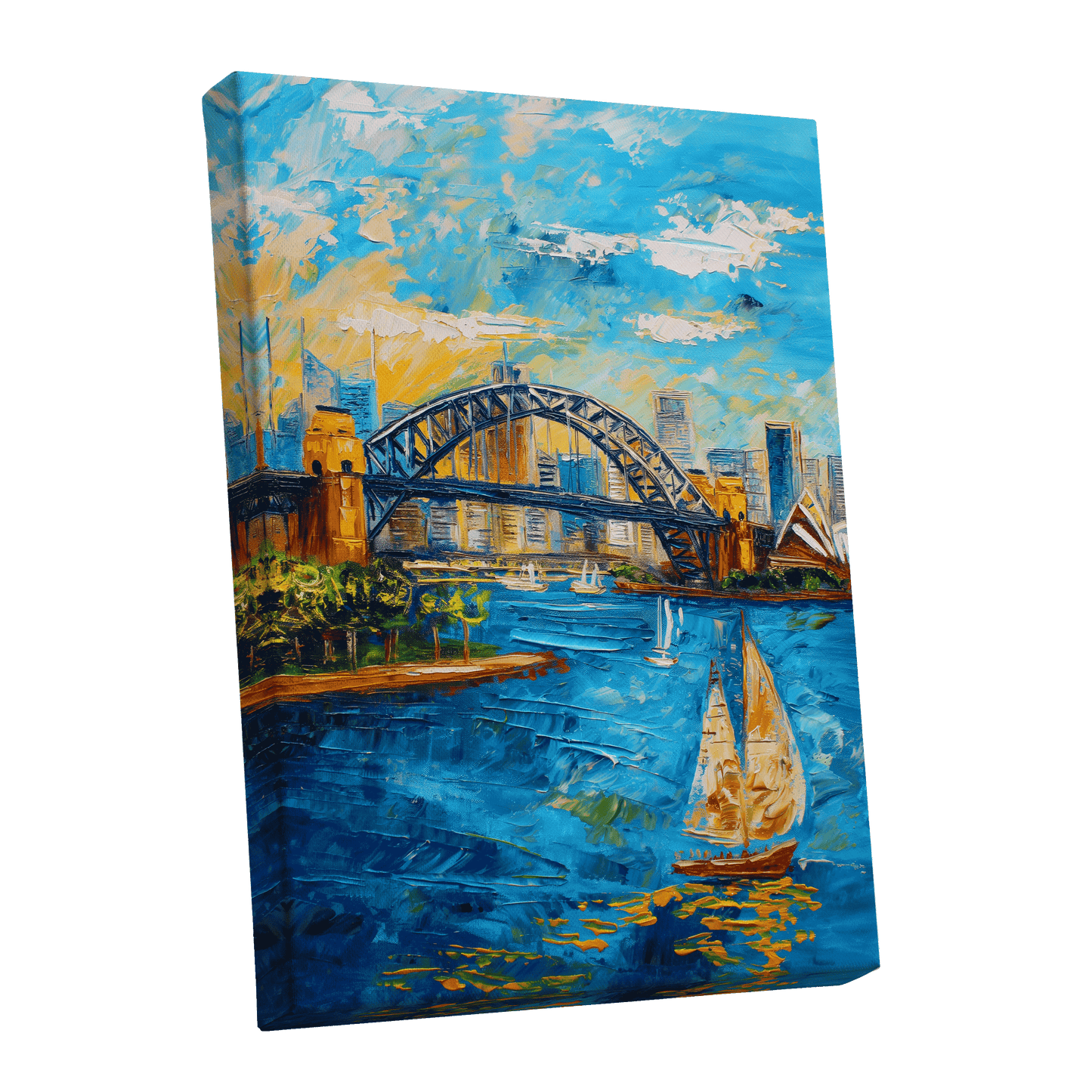 Sydney in Full Sail, blue, gold, white abstract wall art shown as a stretched canvas wall art