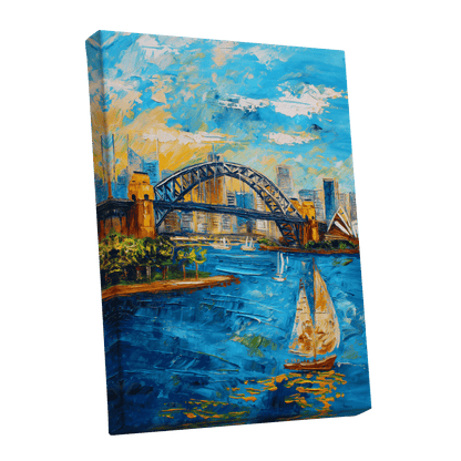 Sydney in Full Sail, blue, gold, white abstract wall art shown as a stretched canvas wall art
